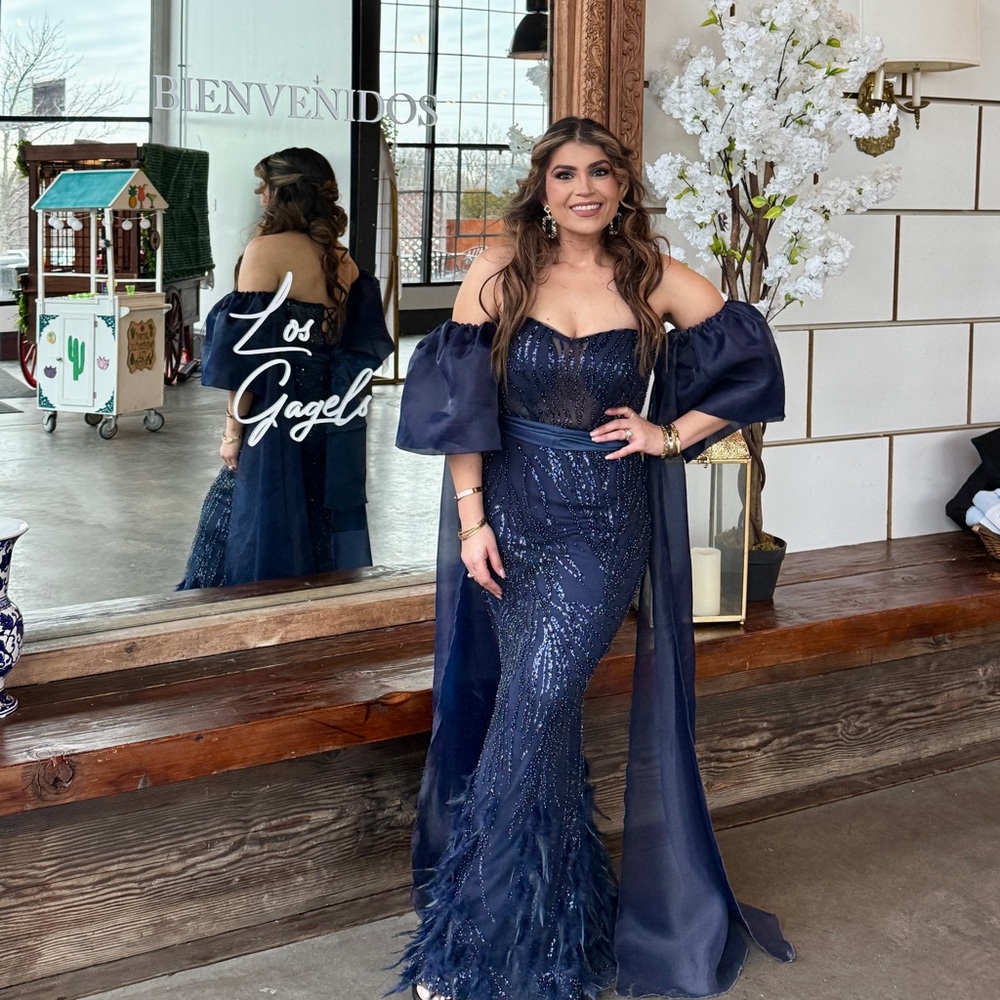 Navy Off-Shoulder Sequin Gown with Detachable Draped Sleeves